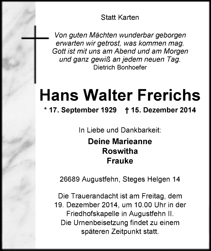  Traueranzeige für Hans-Walter Frerichs vom 17.12.2014 aus Nordwest-Zeitung