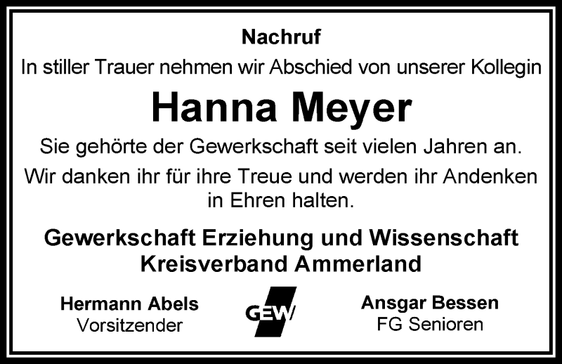  Traueranzeige für Hanna Meyer vom 17.12.2014 aus Nordwest-Zeitung
