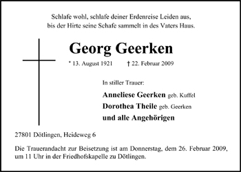 Traueranzeige von Georg Geerken von Nordwest-Zeitung