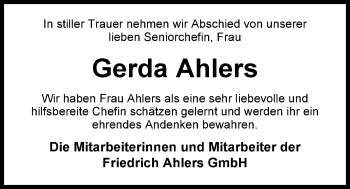 Traueranzeige von Gerda Ahlers von Nordwest-Zeitung