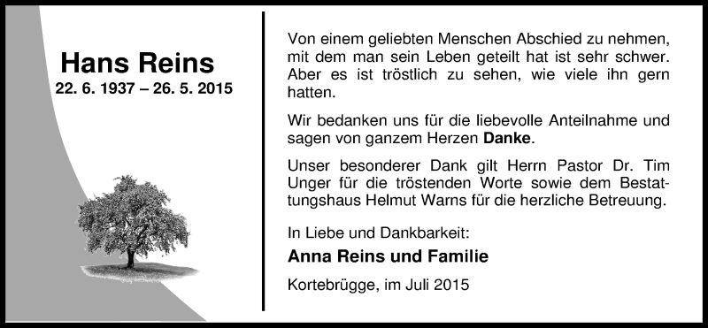  Traueranzeige für Hans Reins vom 11.07.2015 aus Nordwest-Zeitung