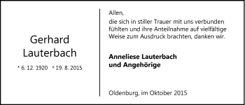 Traueranzeige von Gerhard Lauterbach von Nordwest-Zeitung