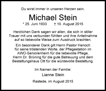 Traueranzeige von Michael Stein von Nordwest-Zeitung