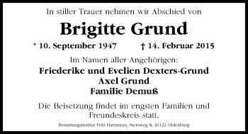 Traueranzeige von Brigitte Grund von Nordwest-Zeitung