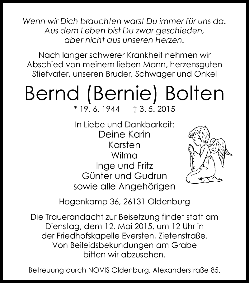  Traueranzeige für Bernd (Bernie) Bolten vom 09.05.2015 aus Nordwest-Zeitung