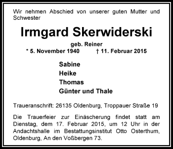 Traueranzeige von Irmgard Skerwiderski von Nordwest-Zeitung