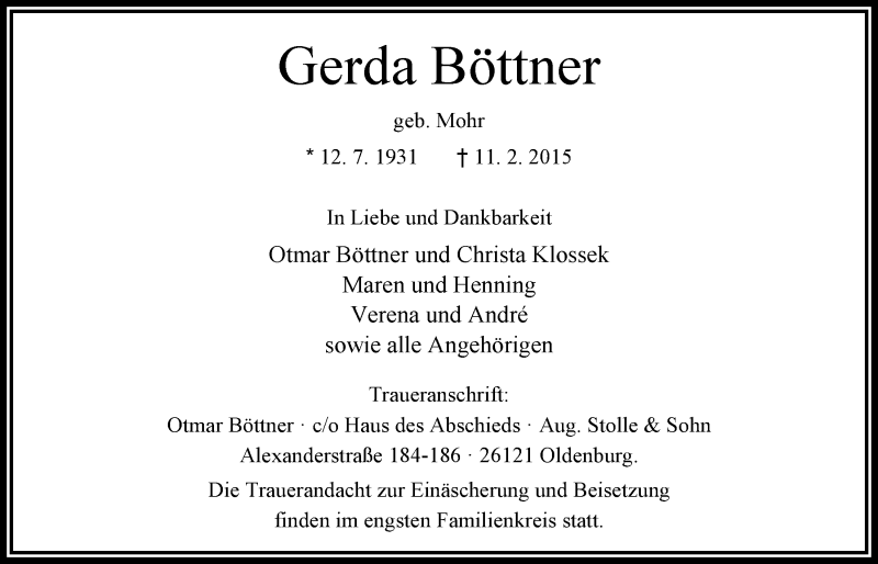  Traueranzeige für Gerda Böttner vom 14.02.2015 aus Nordwest-Zeitung