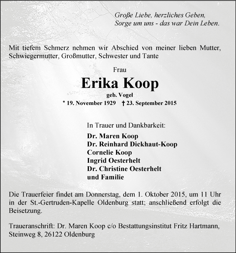  Traueranzeige für Erika Koop vom 26.09.2015 aus Nordwest-Zeitung
