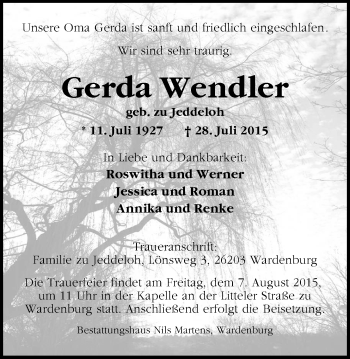 Traueranzeige von Gerda Wendler von Nordwest-Zeitung