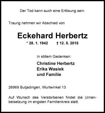 Traueranzeige von Eckehard Herbertz von Nordwest-Zeitung