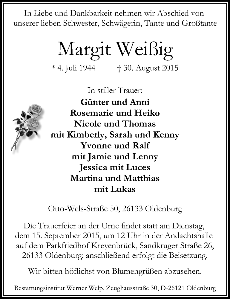  Traueranzeige für Margit Weißig vom 09.09.2015 aus Nordwest-Zeitung