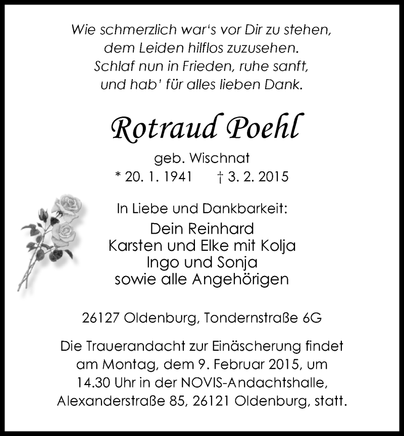  Traueranzeige für Rotraud Poehl vom 06.02.2015 aus Nordwest-Zeitung