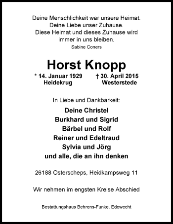 Traueranzeige von Horst Knopp von Nordwest-Zeitung