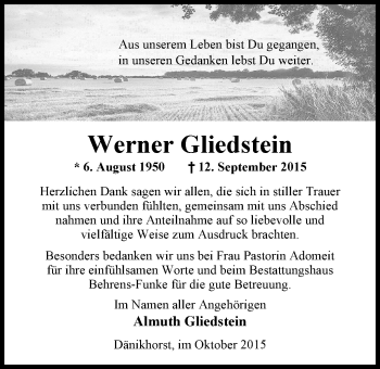 Traueranzeige von Werner Gliedstein von Nordwest-Zeitung