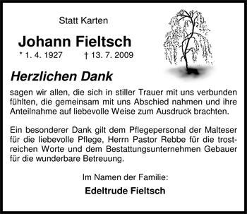 Traueranzeige von Johann Fieltsch von Nordwest-Zeitung