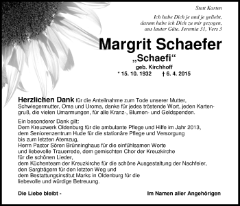 Traueranzeige von Margrit Schaefer von Nordwest-Zeitung
