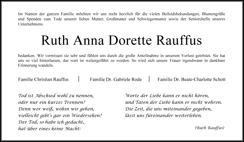  Traueranzeige für Ruth Anna Dorette Rauffus vom 24.10.2015 aus Nordwest-Zeitung