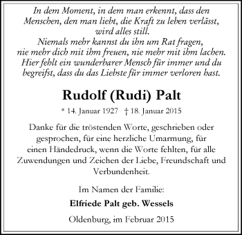Traueranzeige von Rudolf (Rudi) Palt von Nordwest-Zeitung