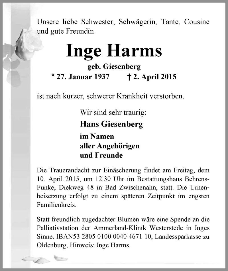  Traueranzeige für Inge Harms vom 08.04.2015 aus Nordwest-Zeitung