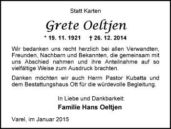 Traueranzeige von Grete Oeltjen von Nordwest-Zeitung