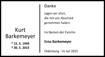 Traueranzeige von Kurt Barkemeyer von Nordwest-Zeitung