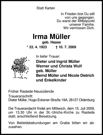 Traueranzeige von Irma Müller von Nordwest-Zeitung