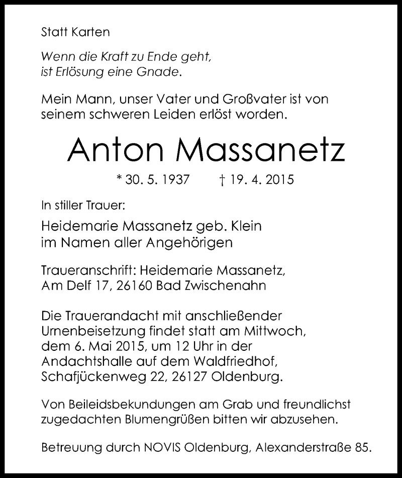  Traueranzeige für Anton Massanetz vom 25.04.2015 aus Nordwest-Zeitung