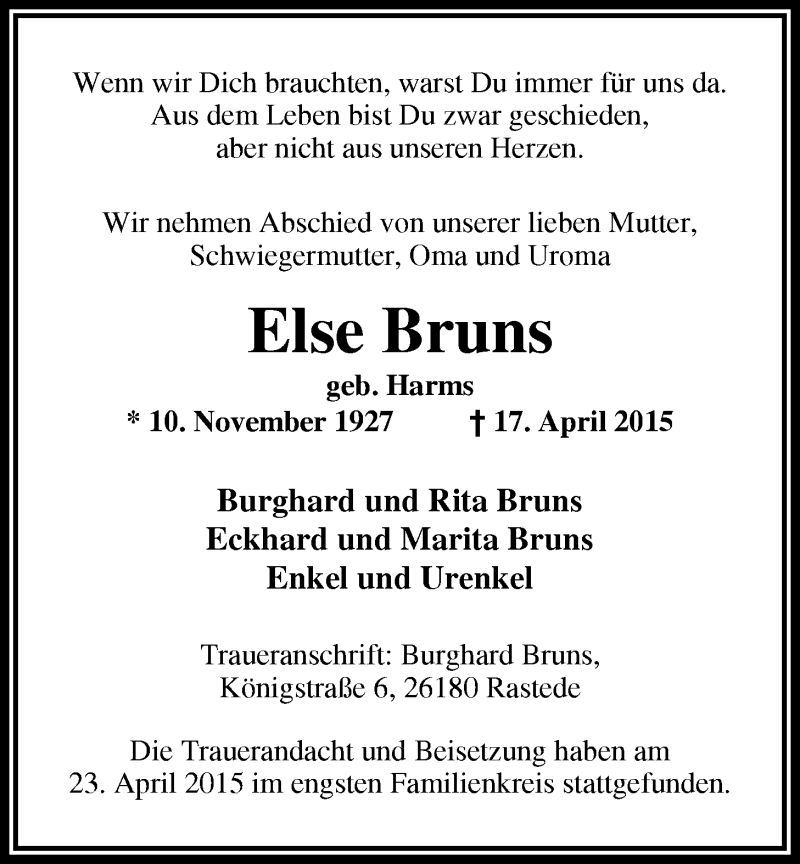  Traueranzeige für Else Bruns vom 24.04.2015 aus Nordwest-Zeitung