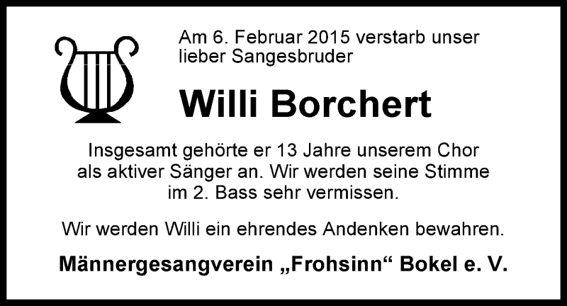  Traueranzeige für Willi Borchert vom 09.02.2015 aus Nordwest-Zeitung
