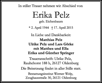 Traueranzeige von Erika Pelz von Nordwest-Zeitung