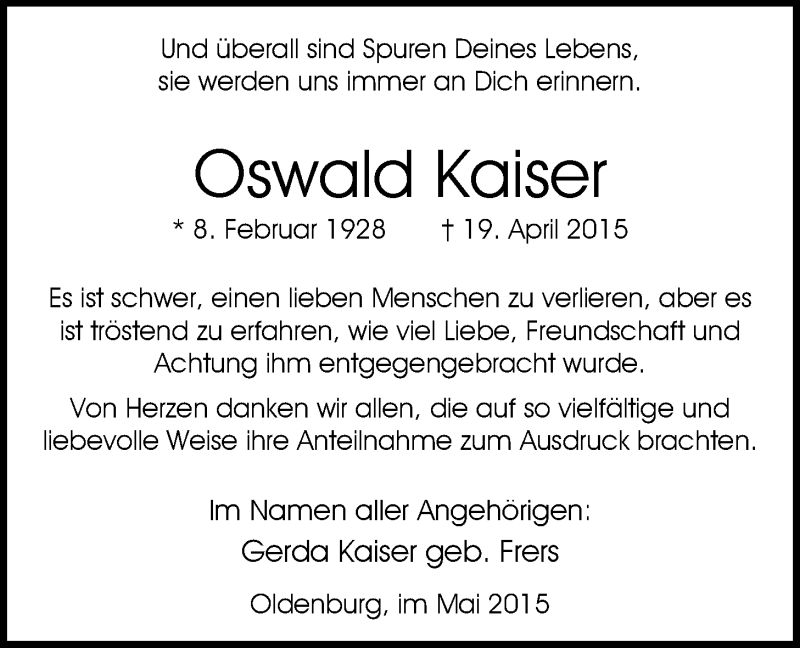  Traueranzeige für Oswald Kaiser vom 23.05.2015 aus Nordwest-Zeitung
