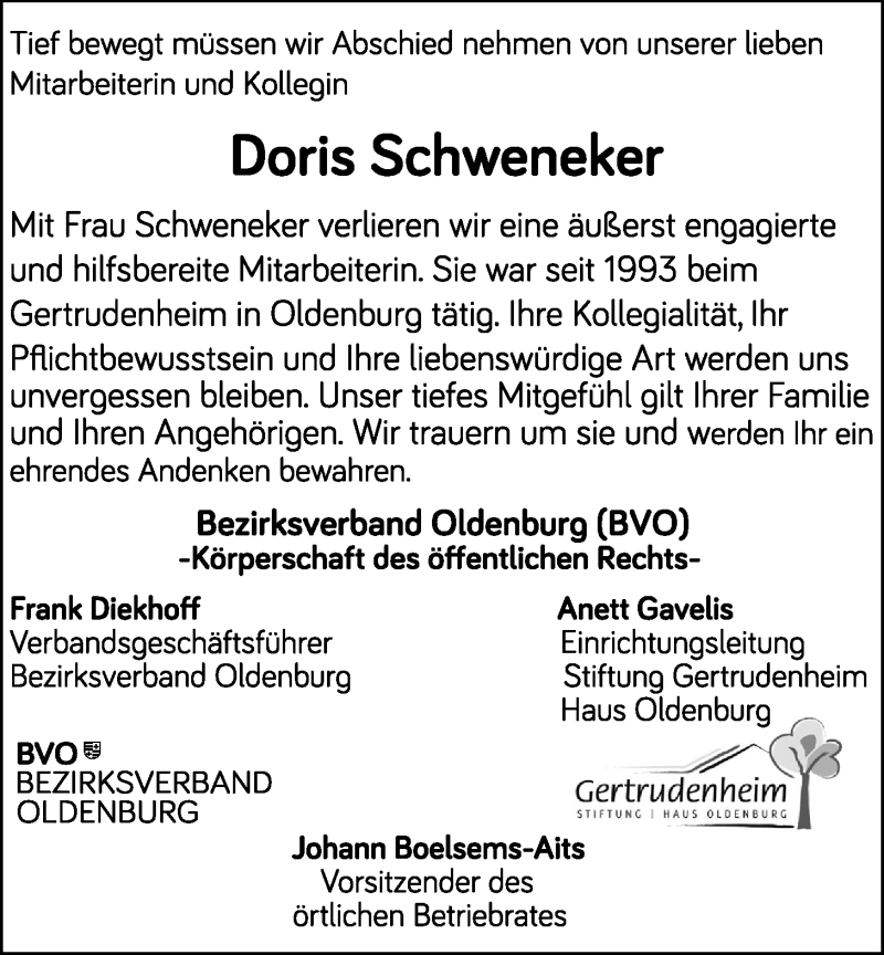  Traueranzeige für Doris Schweneker vom 24.10.2015 aus Nordwest-Zeitung