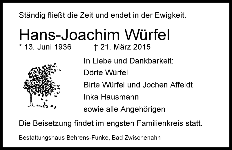  Traueranzeige für Hans-Joachim Würfel vom 25.03.2015 aus Nordwest-Zeitung