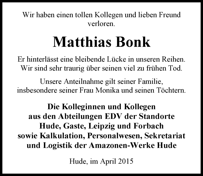  Traueranzeige für Matthias Bonk vom 21.04.2015 aus Nordwest-Zeitung