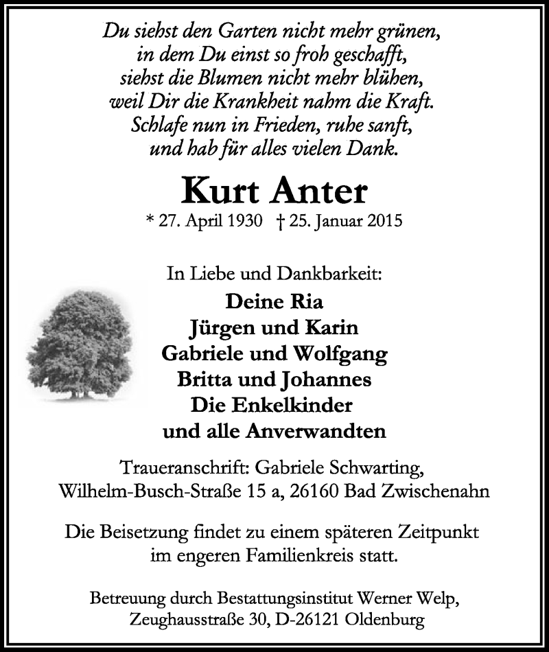 Traueranzeige für Kurt Anter vom 31.01.2015 aus Nordwest-Zeitung