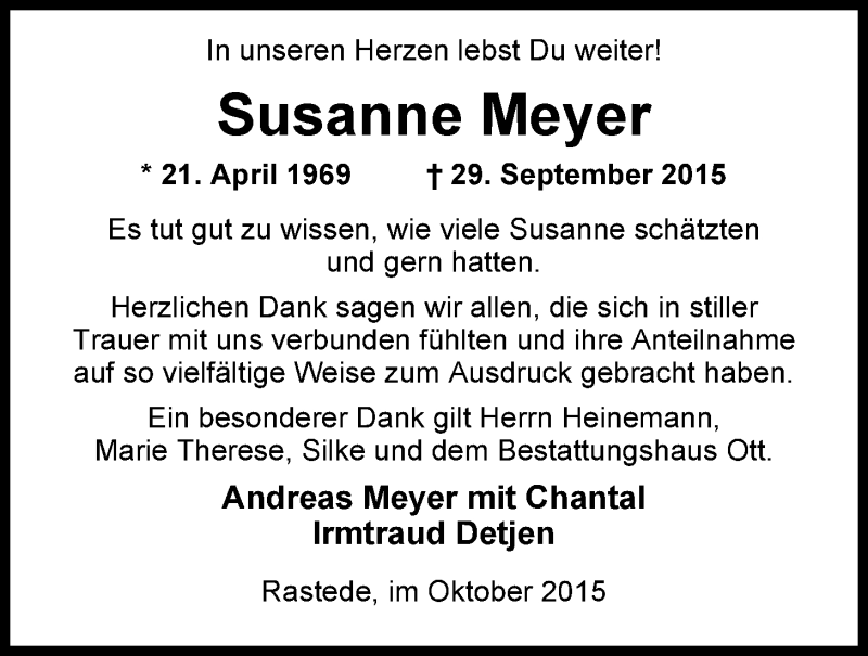  Traueranzeige für Susanne Meyer vom 28.10.2015 aus Nordwest-Zeitung