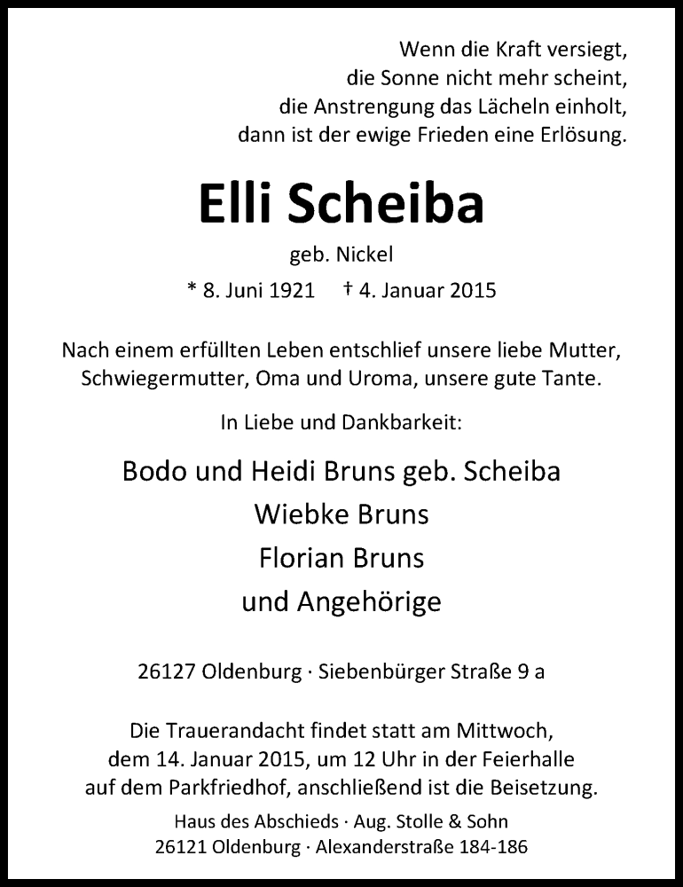  Traueranzeige für Eilli Scheiba vom 10.01.2015 aus Nordwest-Zeitung