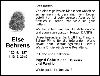 Traueranzeige von Else Behrens von Nordwest-Zeitung