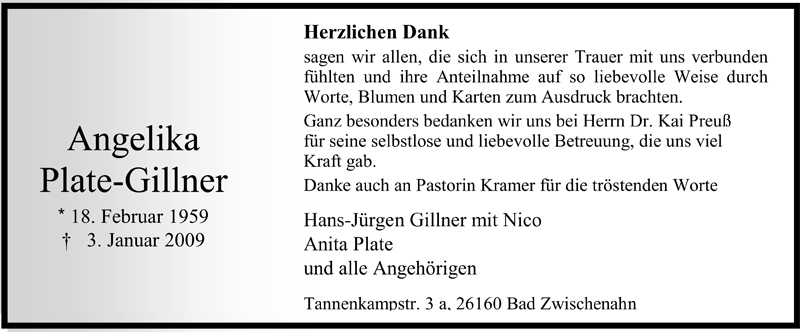  Traueranzeige für Angelika Plate-Gillner vom 21.02.2009 aus Nordwest-Zeitung
