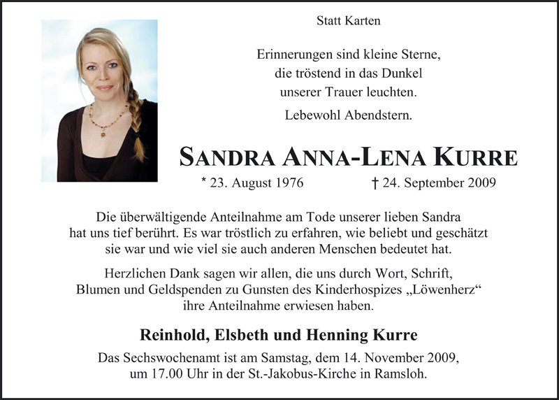  Traueranzeige für Sandra Anna-Lena Kurre vom 07.11.2009 aus Nordwest-Zeitung