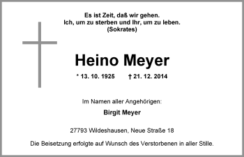 Traueranzeige von Heino Meyer von Nordwest-Zeitung