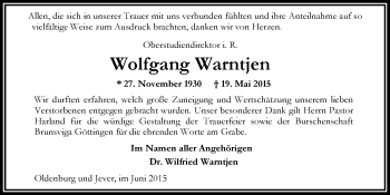 Traueranzeige von Wolfgang Warntjen von Nordwest-Zeitung