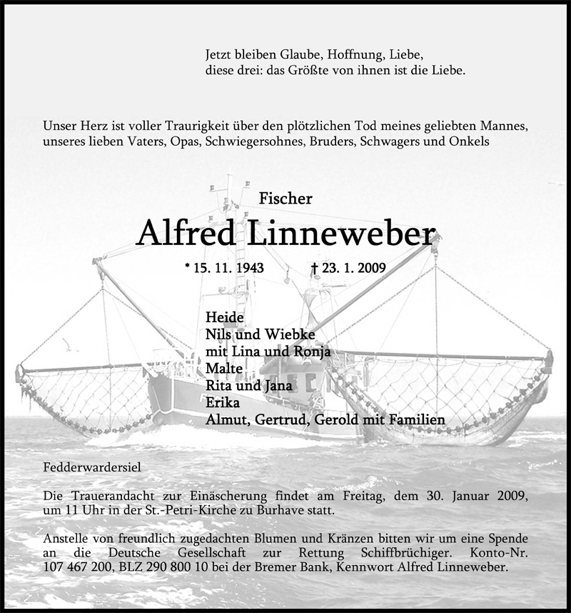  Traueranzeige für Alfred Linneweber vom 26.01.2009 aus Nordwest-Zeitung