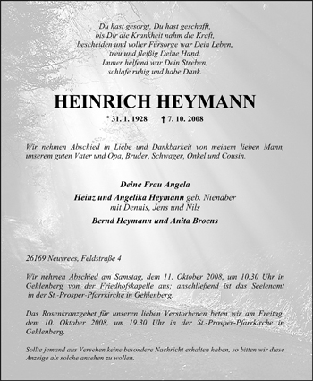 Traueranzeige von Heinrich Heymann von Nordwest-Zeitung