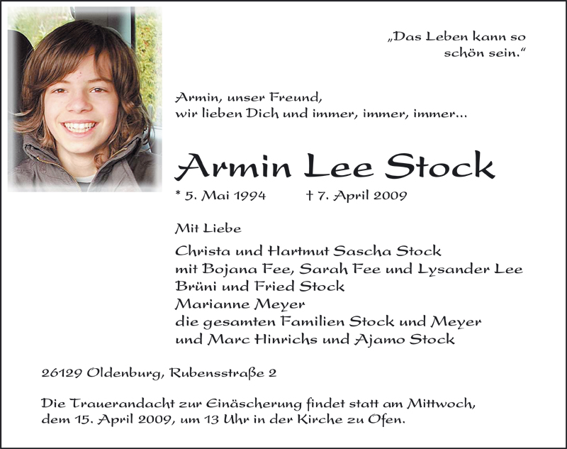  Traueranzeige für Armin Lee Stock vom 11.04.2009 aus Nordwest-Zeitung
