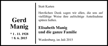 Traueranzeige von Gerd Manig von Nordwest-Zeitung