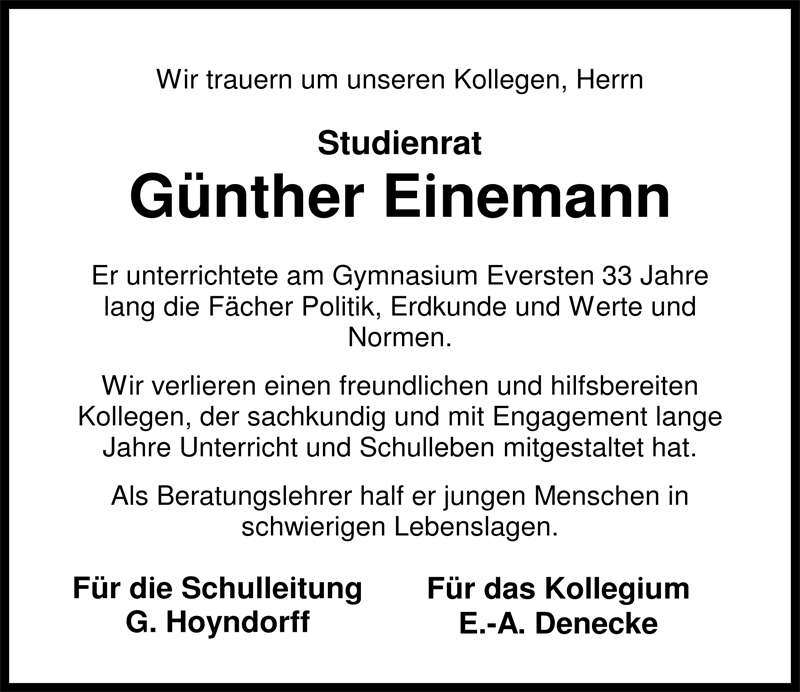  Traueranzeige für Günther Einemann vom 11.07.2009 aus Nordwest-Zeitung