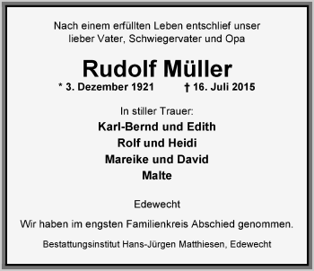 Traueranzeige von Rudolf Müller von Nordwest-Zeitung