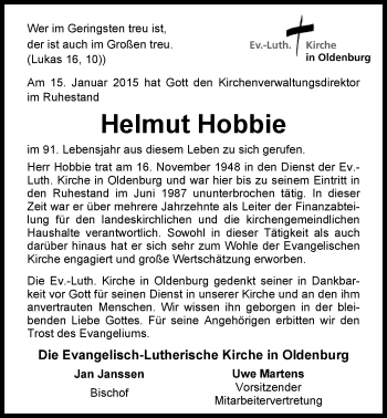 Traueranzeige von Helmut Hobbie von Nordwest-Zeitung