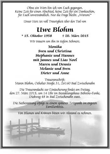 Traueranzeige von Uwe Blohm von Nordwest-Zeitung